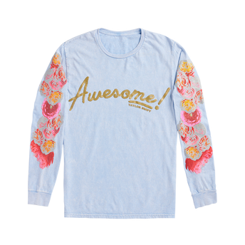 Blue Longsleeve Tee With Flower Sleeve Design Front